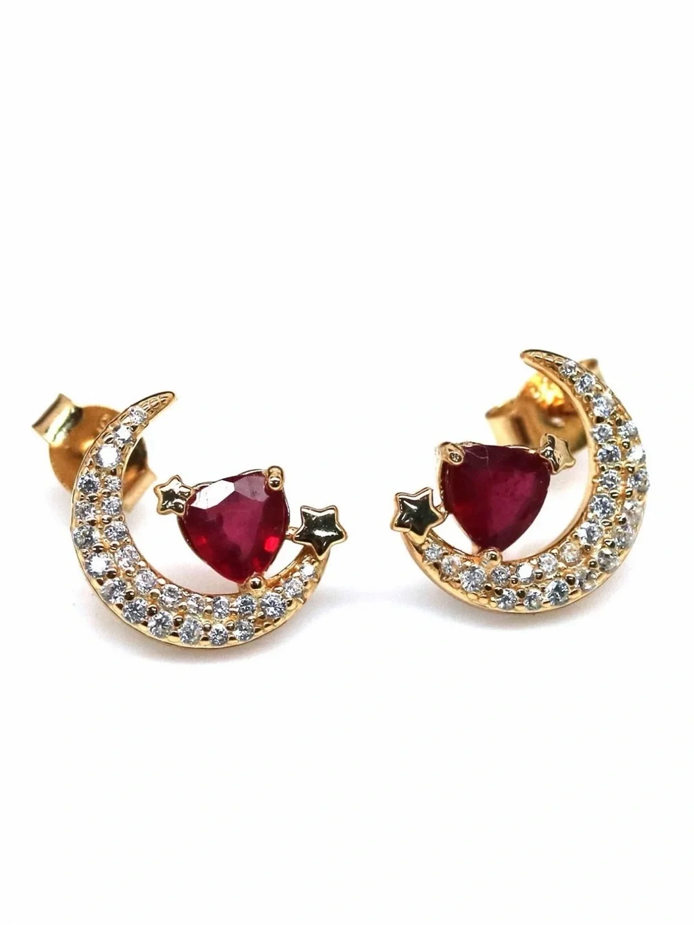 Mystical Waning Crescent Moon Natural .50CT Ruby Stud Earring 18K Yellow Gold